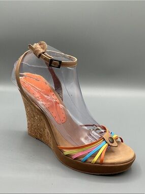 BCBGirls Y2K Tan Cork Wedge Sandal with Rainbow Straps & ankle strap, SIZE 8